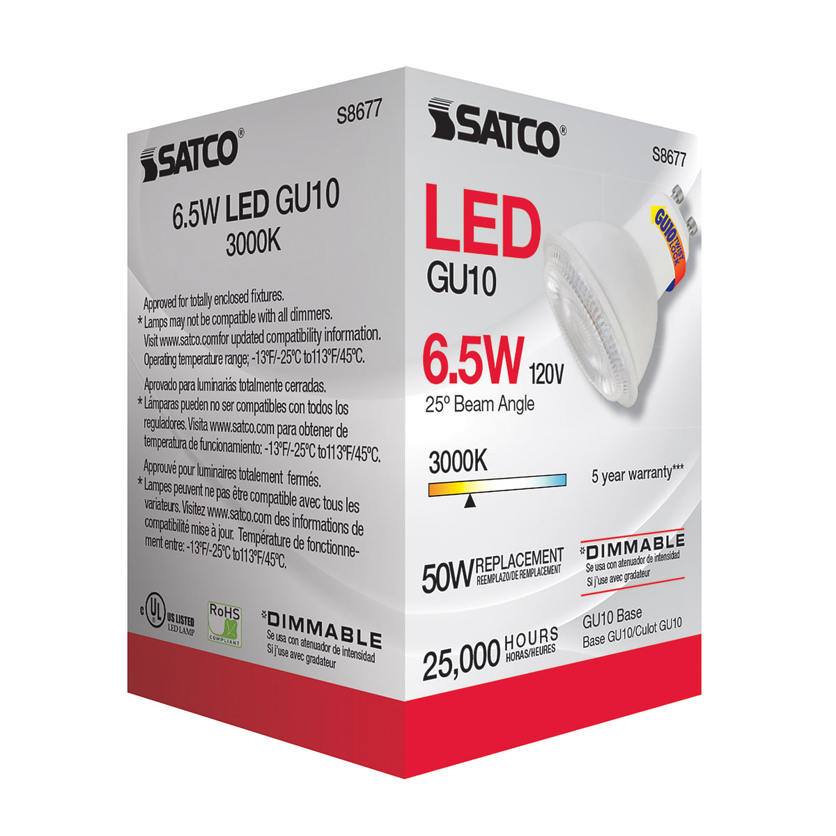 6.5 Watt - LED MR16 - 3000K - 25 deg. Beam Angle - GU10 base - 120 Volt