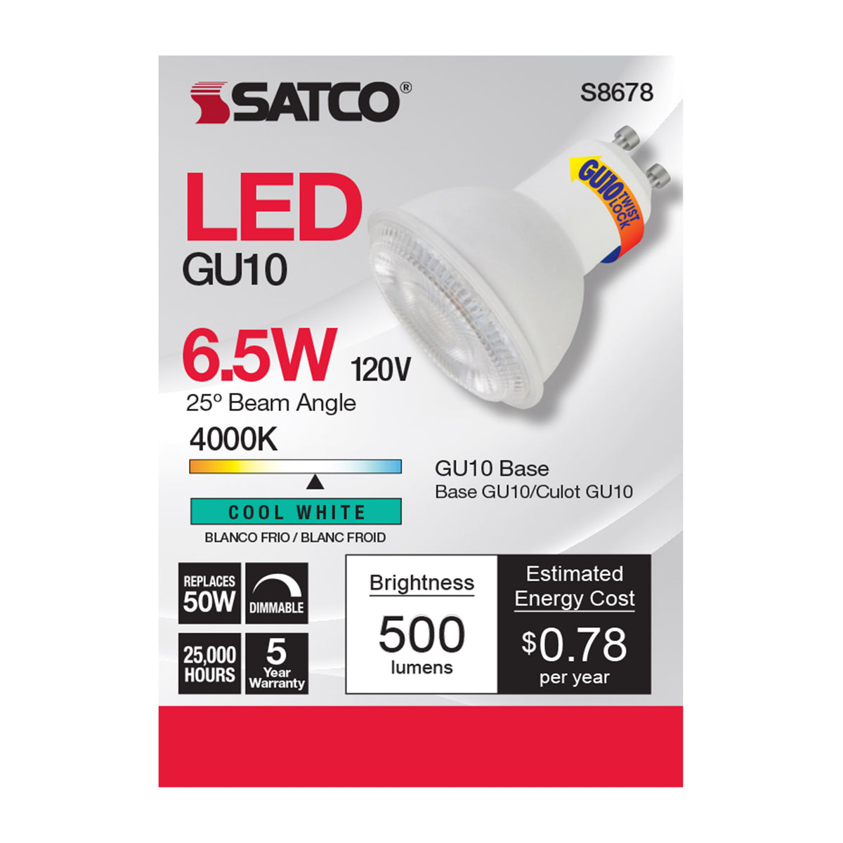 6.5 Watt - LED MR16 - 4000K - 25 deg. Beam Angle - GU10 base - 120 Volt