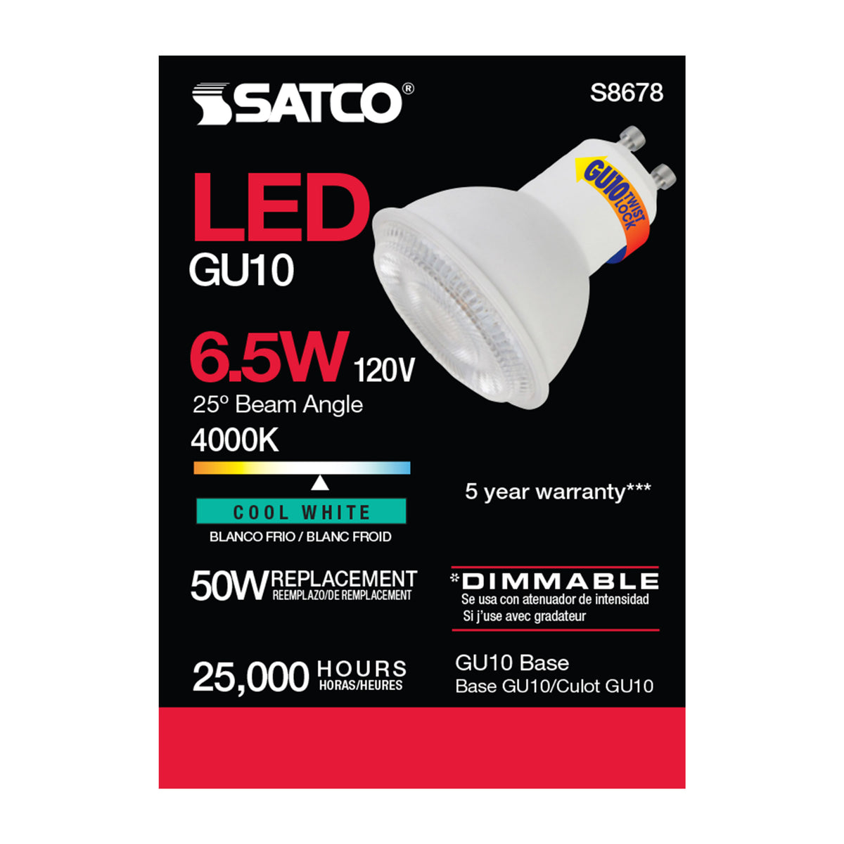 6.5 Watt - LED MR16 - 4000K - 25 deg. Beam Angle - GU10 base - 120 Volt
