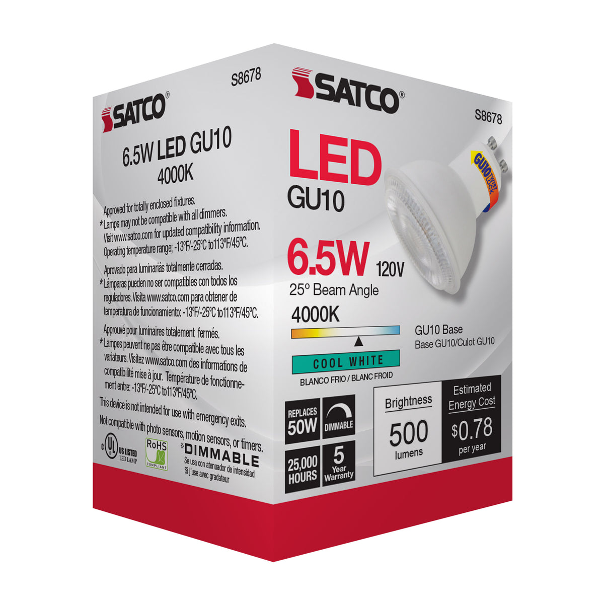 6.5 Watt - LED MR16 - 4000K - 25 deg. Beam Angle - GU10 base - 120 Volt