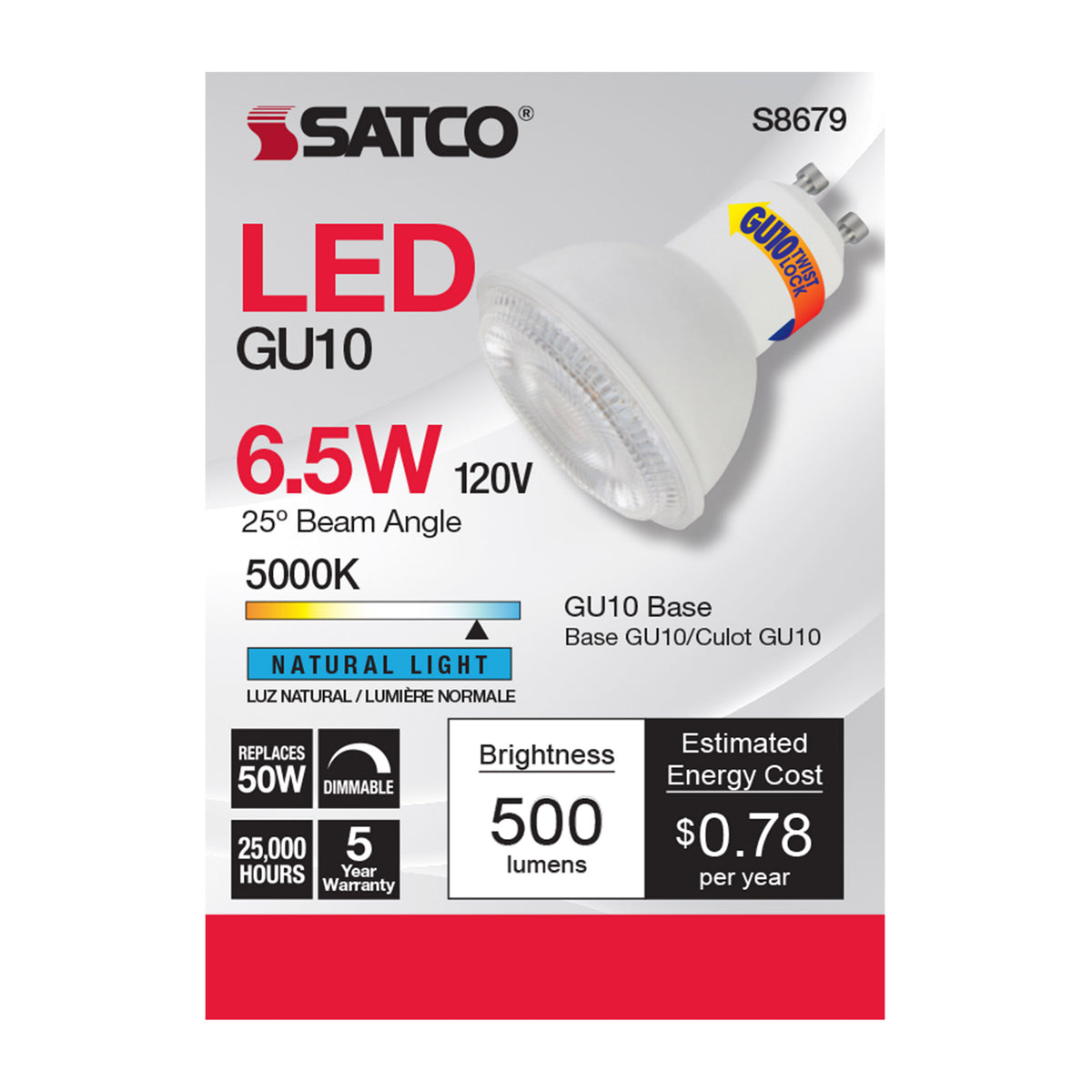 6.5 Watt - LED MR16 - 5000K - 25 deg. Beam Angle - GU10 base - 120 Volt