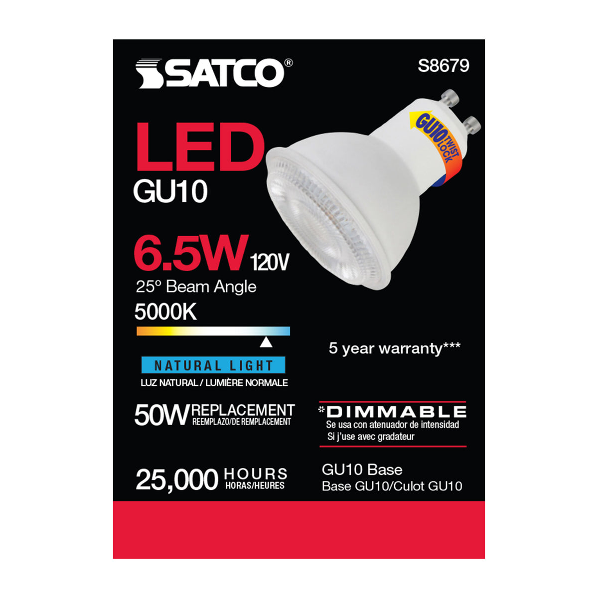 6.5 Watt - LED MR16 - 5000K - 25 deg. Beam Angle - GU10 base - 120 Volt