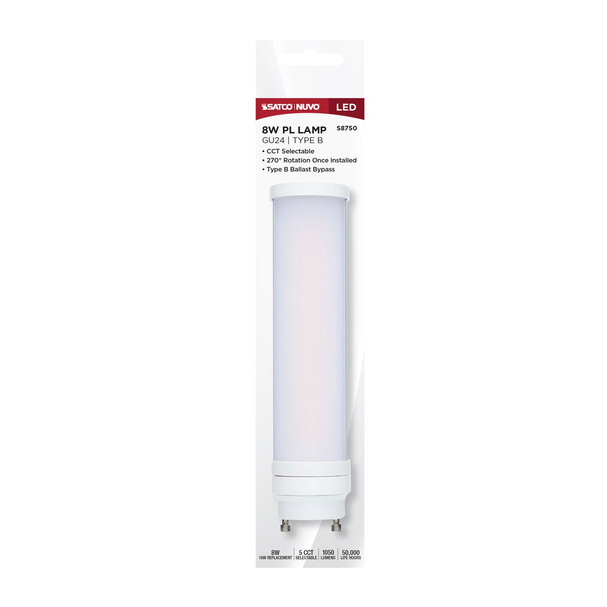 8 Watt LED PL - GU24 Base - 27K/30K/35K/40K/50K CCT Selectable - Type B Ballast Bypass - 120-277 Volt
