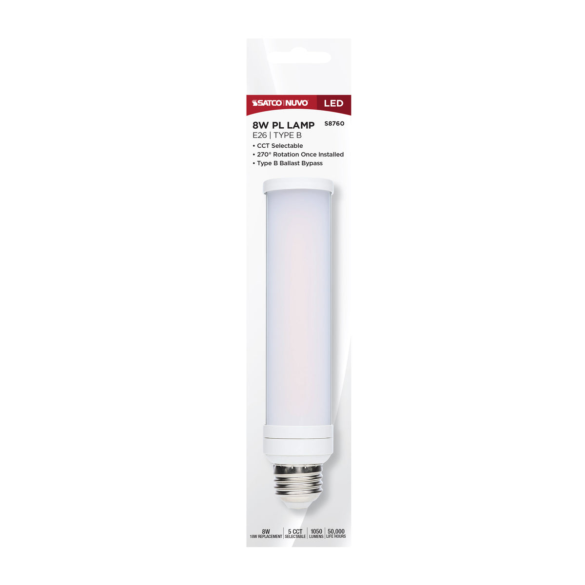 8 Watt LED PL - E26 Base - 27K/30K/35K/40K/50K CCT Selectable - Type B Ballast Bypass - 120-277 Volt
