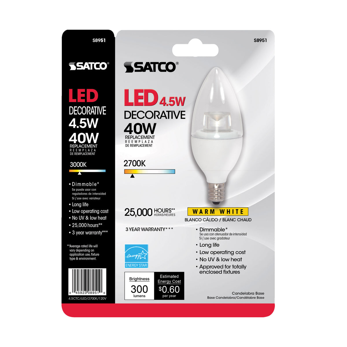 4.5 Watt - B11 LED - 2700K - Candelabra base - 120 Volt
