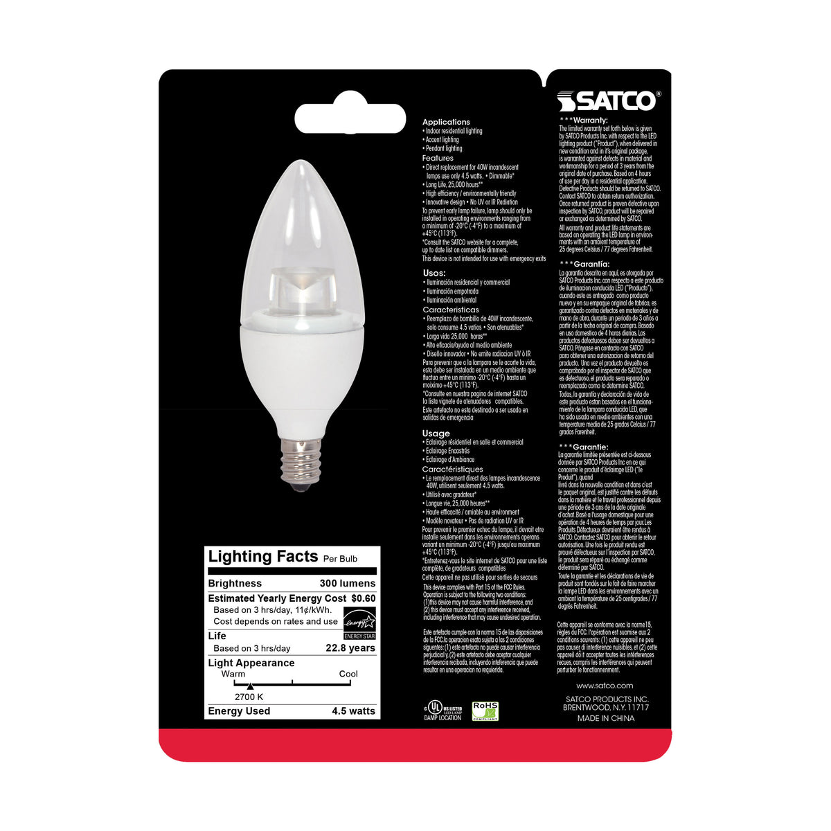 4.5 Watt - B11 LED - 2700K - Candelabra base - 120 Volt