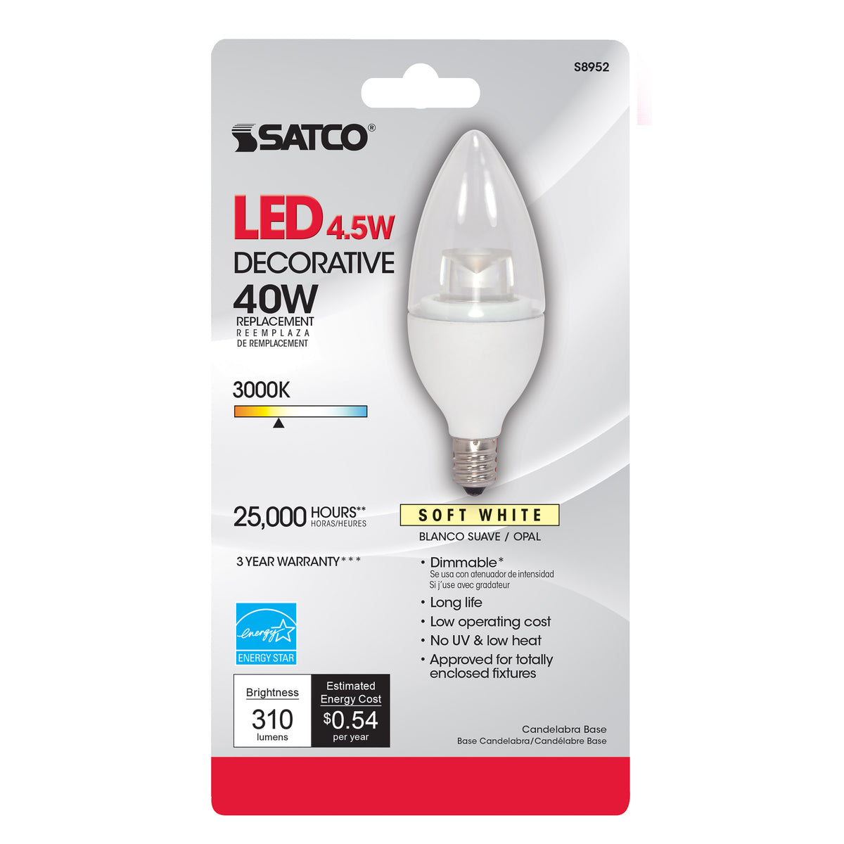 4.5 Watt - B11 LED - 3000K - Candelabra base - 120 Volt