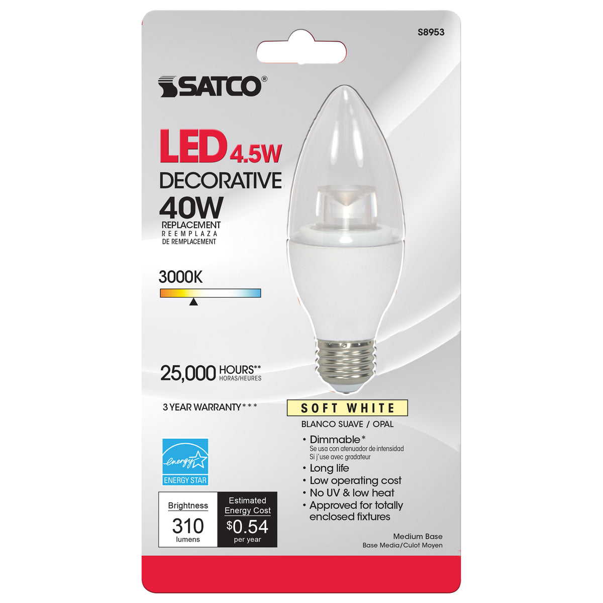 4.5 Watt - B11 LED - 3000K - Medium base - 120 Volt