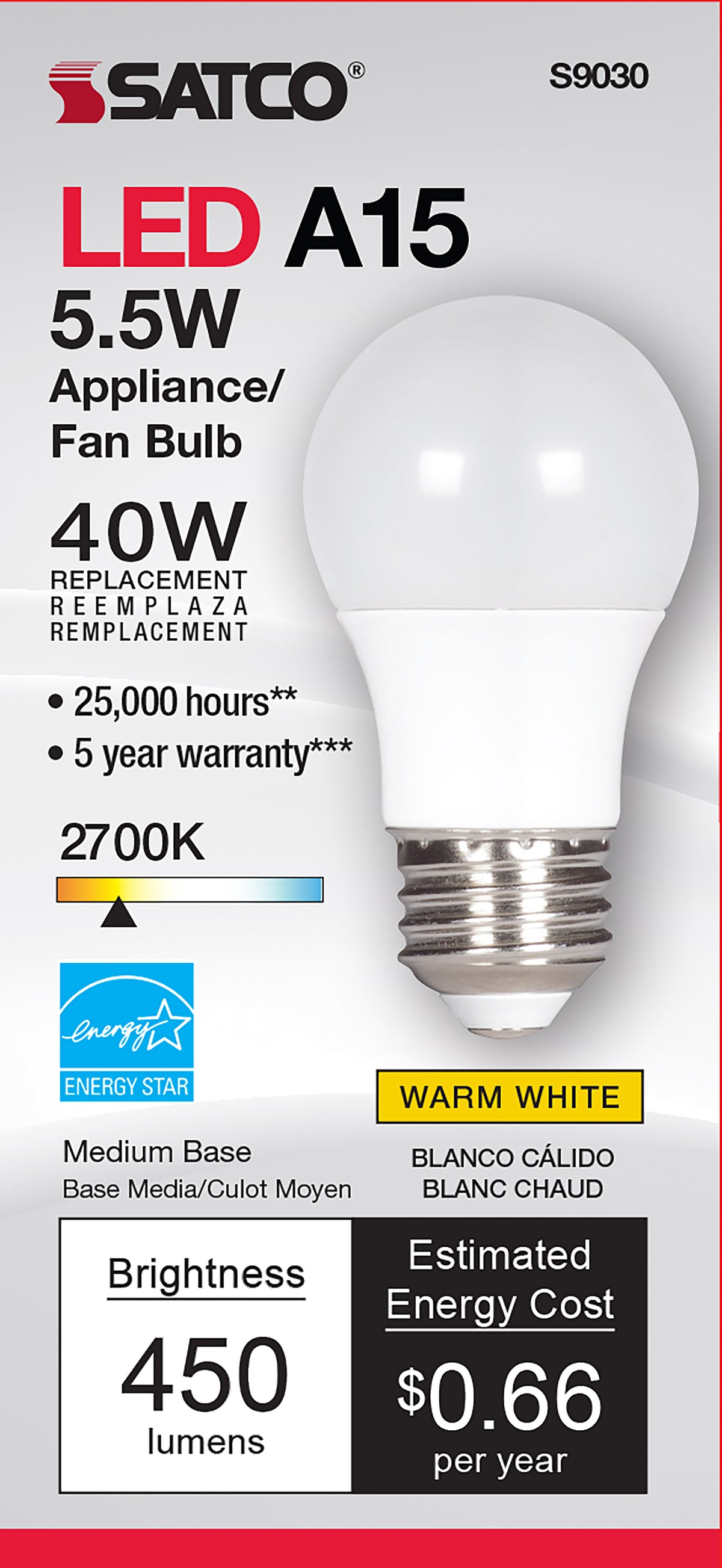 5.5 Watt - A15 LED - Frosted - 2700K - Medium base - 230 deg. Beam Angle - 120 Volt
