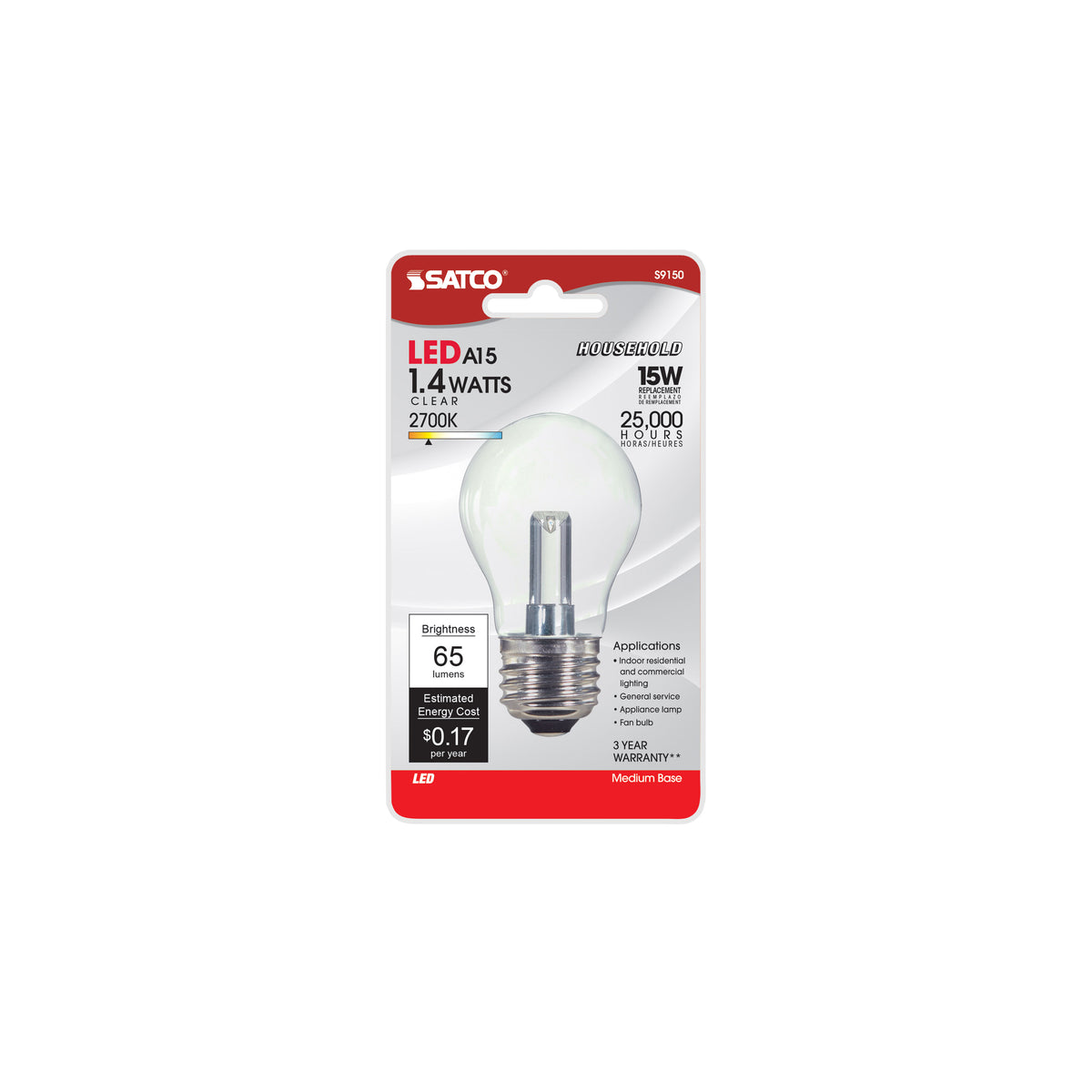 1.4 Watt LED - A15 - Clear - 2700K - Medium base - 120 Volt - Carded