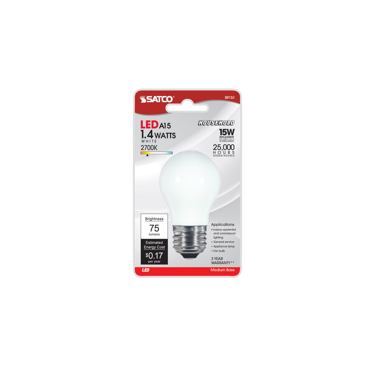 1.4 Watt LED - A15 - White - 2700K - Medium base - 120 Volt - Carded