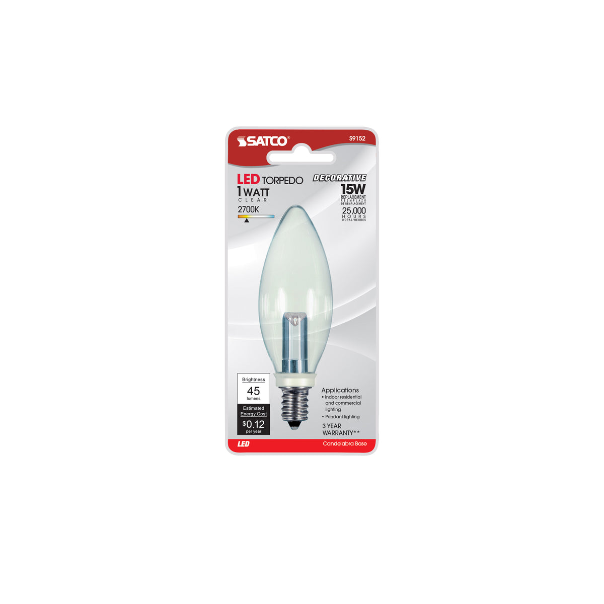 1 Watt LED - BA9 1/2 - Clear - 2700K - Candelabra base - 120 Volt - Carded