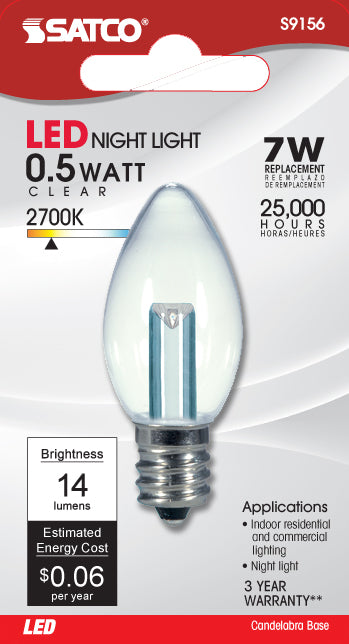 0.5 Watt LED - C7 - Clear - 2700K - Candelabra base - 120 Volt - Carded