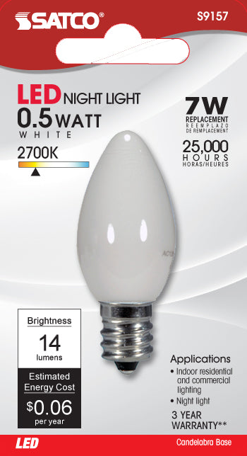 0.5 Watt LED - C7 - White - 2700K - Candelabra base - 120 Volt - Carded
