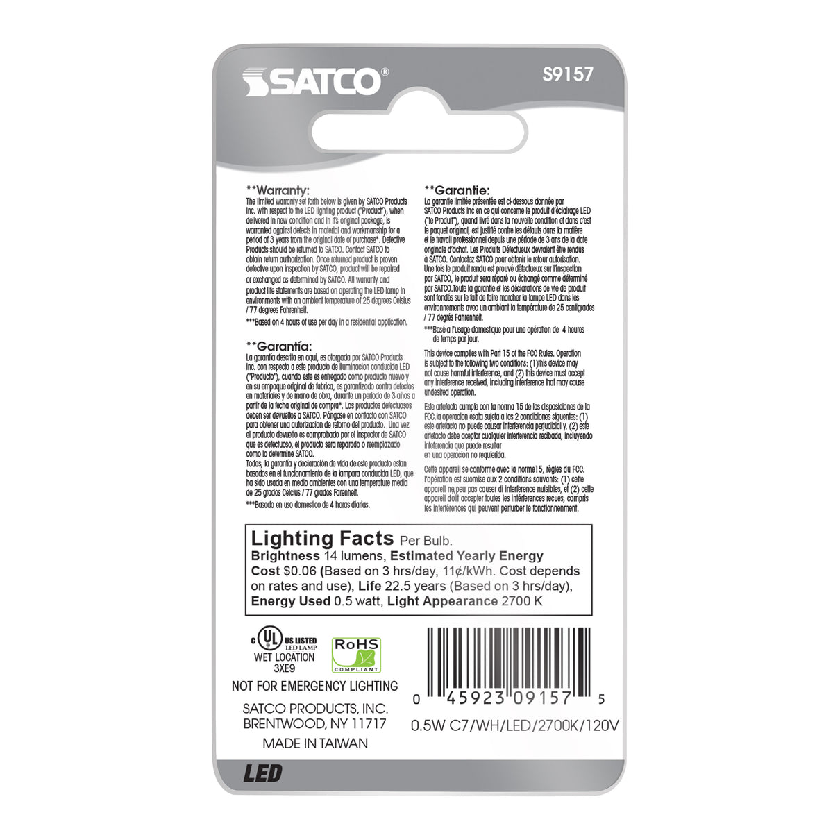 0.5 Watt LED - C7 - White - 2700K - Candelabra base - 120 Volt - Carded