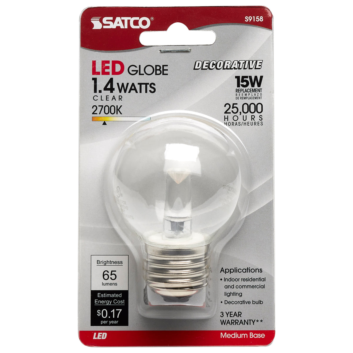 1.4 Watt LED - G16 1/2 - Clear - 2700K - Medium base - 120 Volt - Carded
