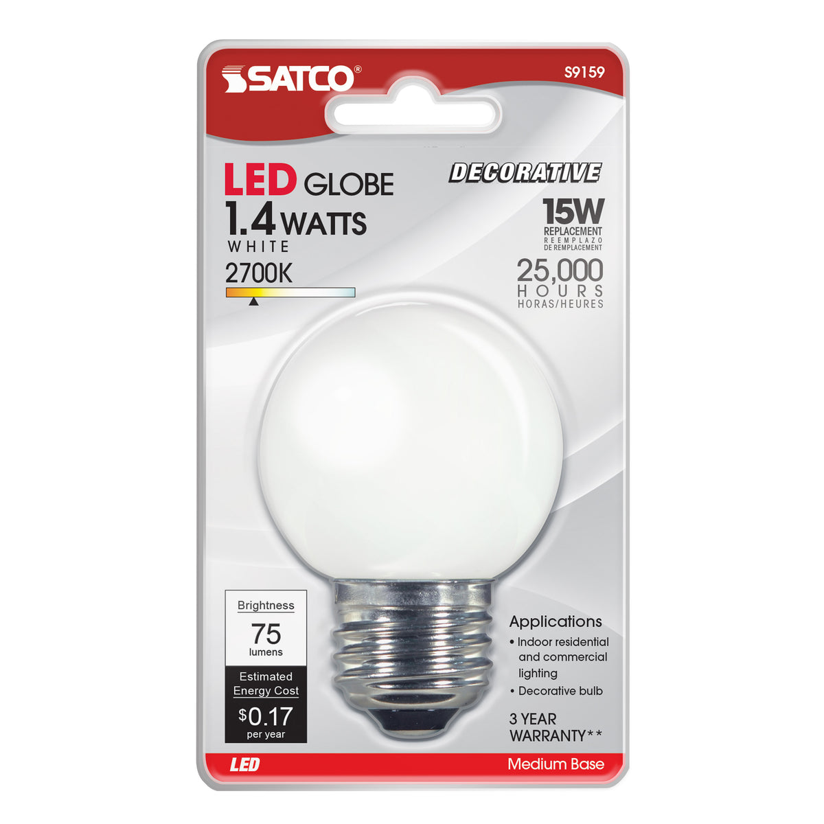 1.4 Watt LED - G16 1/2 - White - 2700K - Medium base - 120 Volt - Carded
