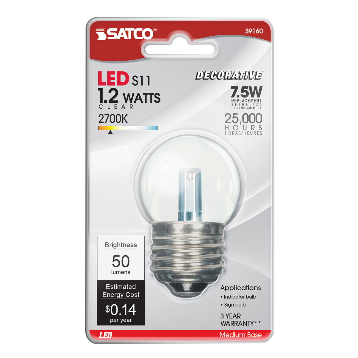 1.2 Watt LED - S11 - Clear - 2700K - Medium base - 120 Volt - Carded
