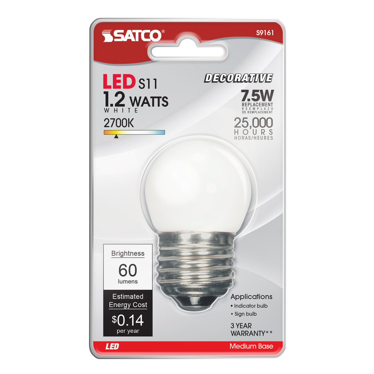 1.2 Watt LED - S11 - White - 2700K - Medium base - 120 Volt - Carded