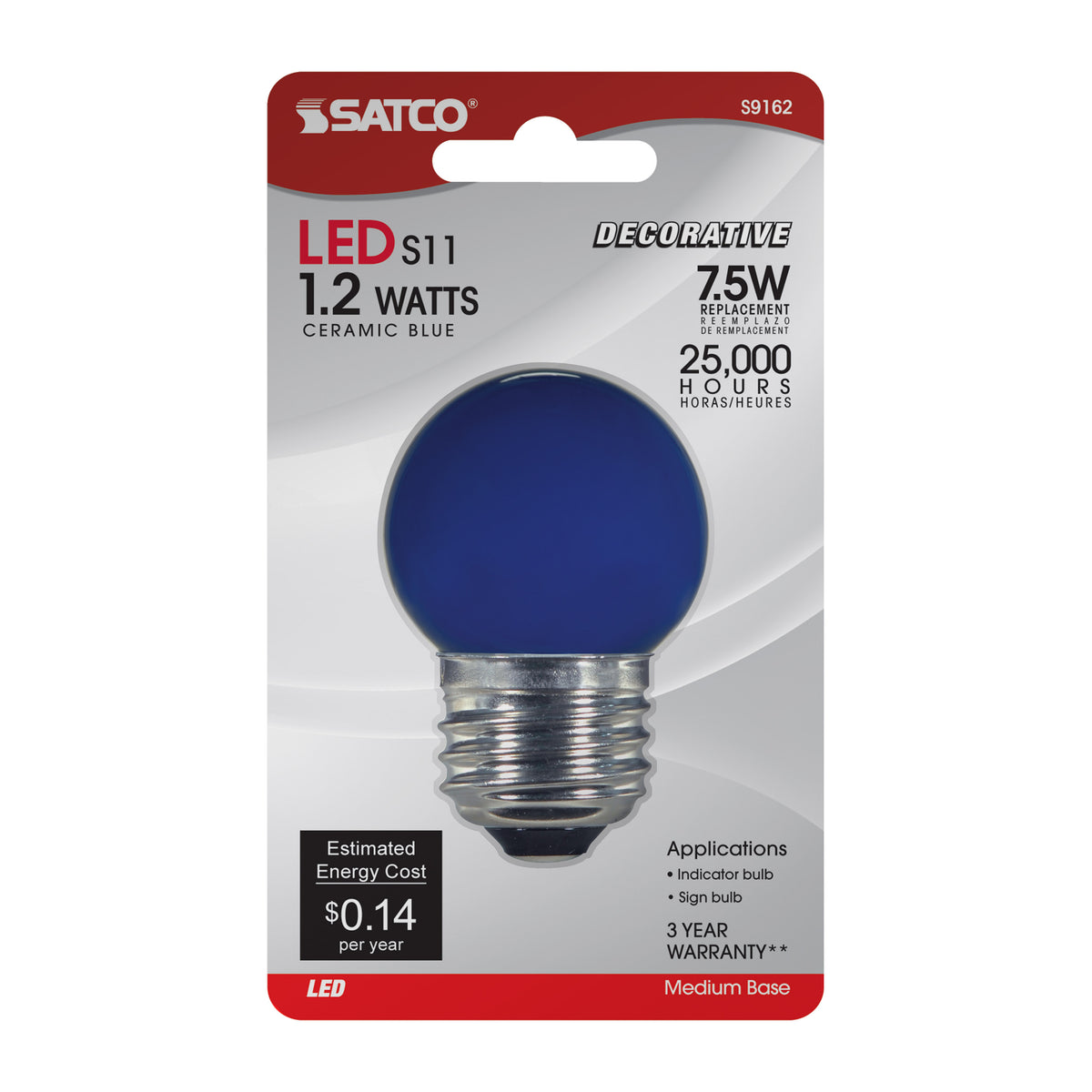 1.2 Watt LED - S11 - Ceramic Blue - Medium base - 120 Volt - Carded