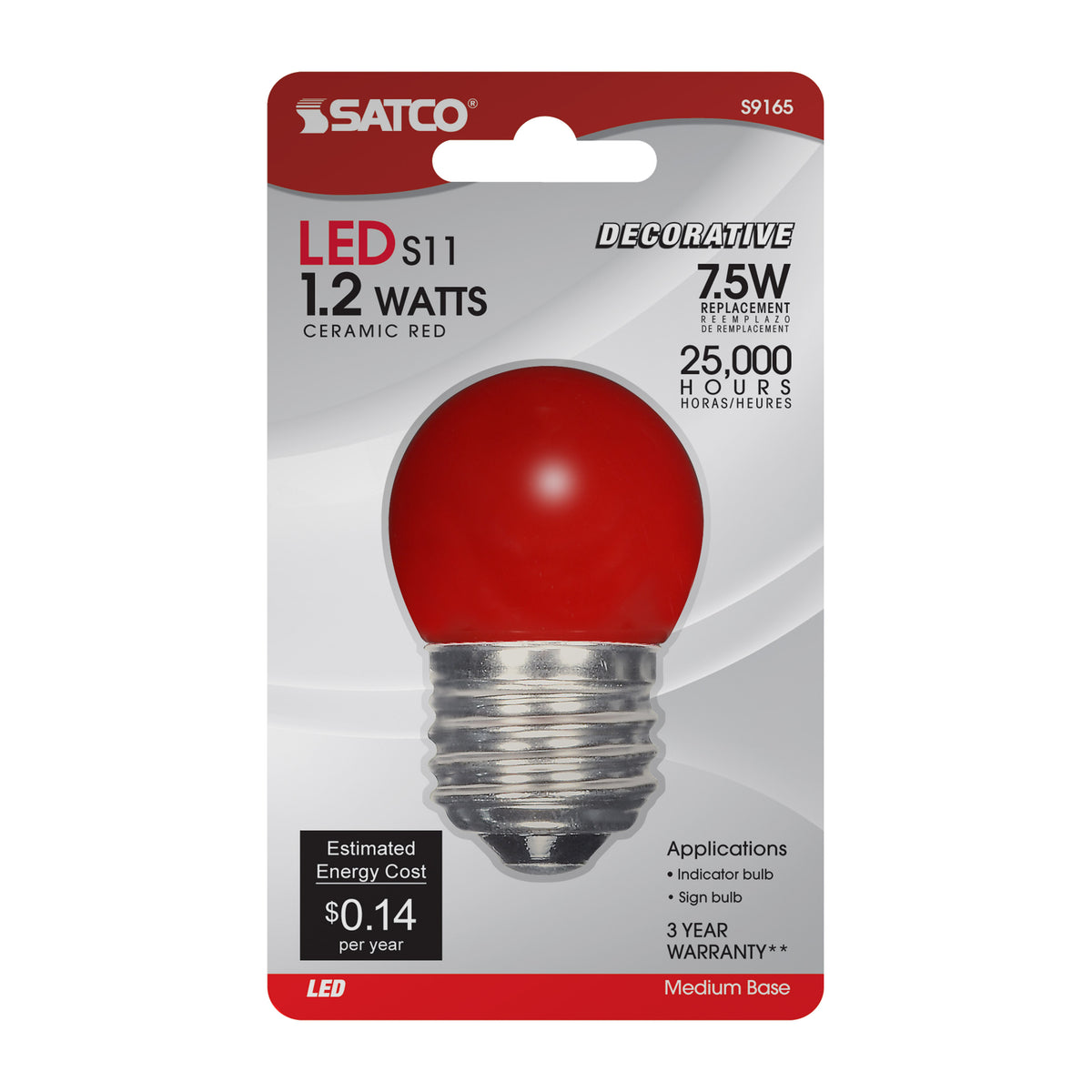 1.2 Watt LED - S11 - Ceramic Red - Medium base - 120 Volt - Carded