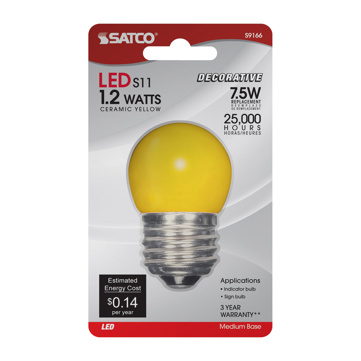 1.2 Watt LED - S11 - Ceramic Yellow - Medium base - 120 Volt - Carded