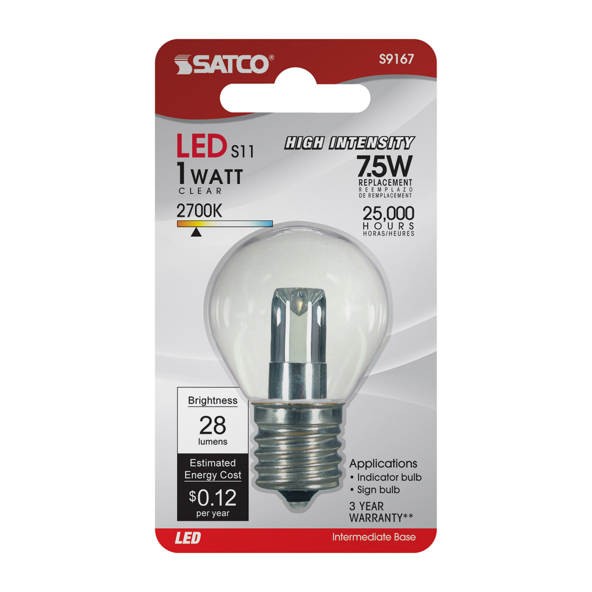 1 Watt LED - S11 - Clear - 2700K - Intermediate base - 120 Volt - Carded
