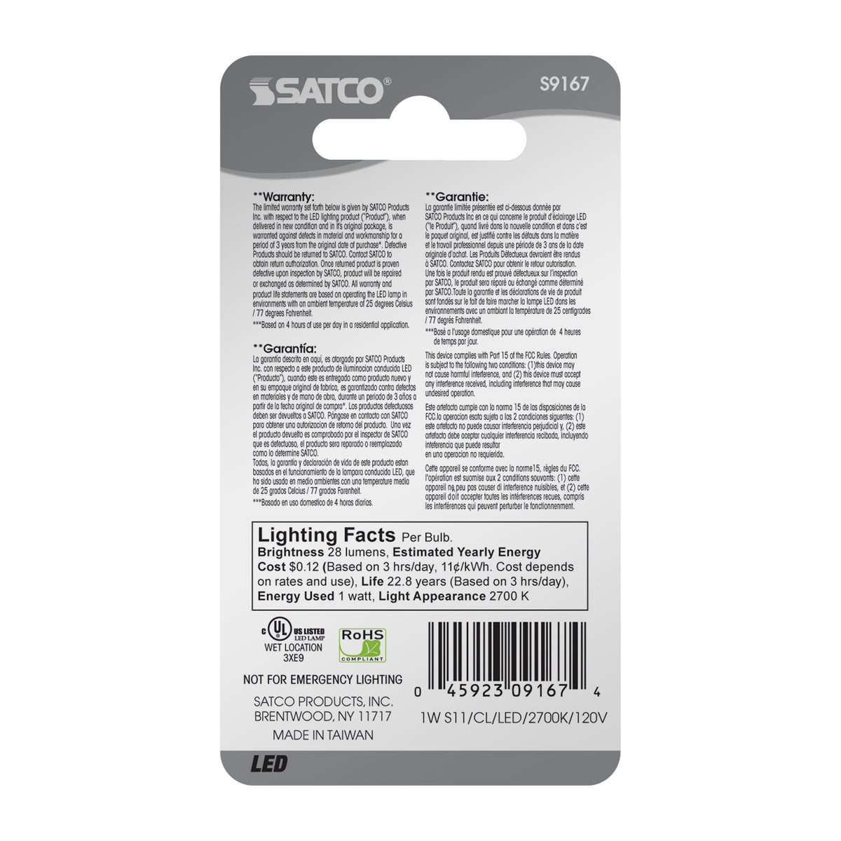 1 Watt LED - S11 - Clear - 2700K - Intermediate base - 120 Volt - Carded