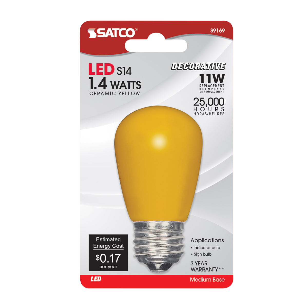 1.4 Watt LED - S14 - Ceramic Yellow - Medium base - 120 Volt - Carded