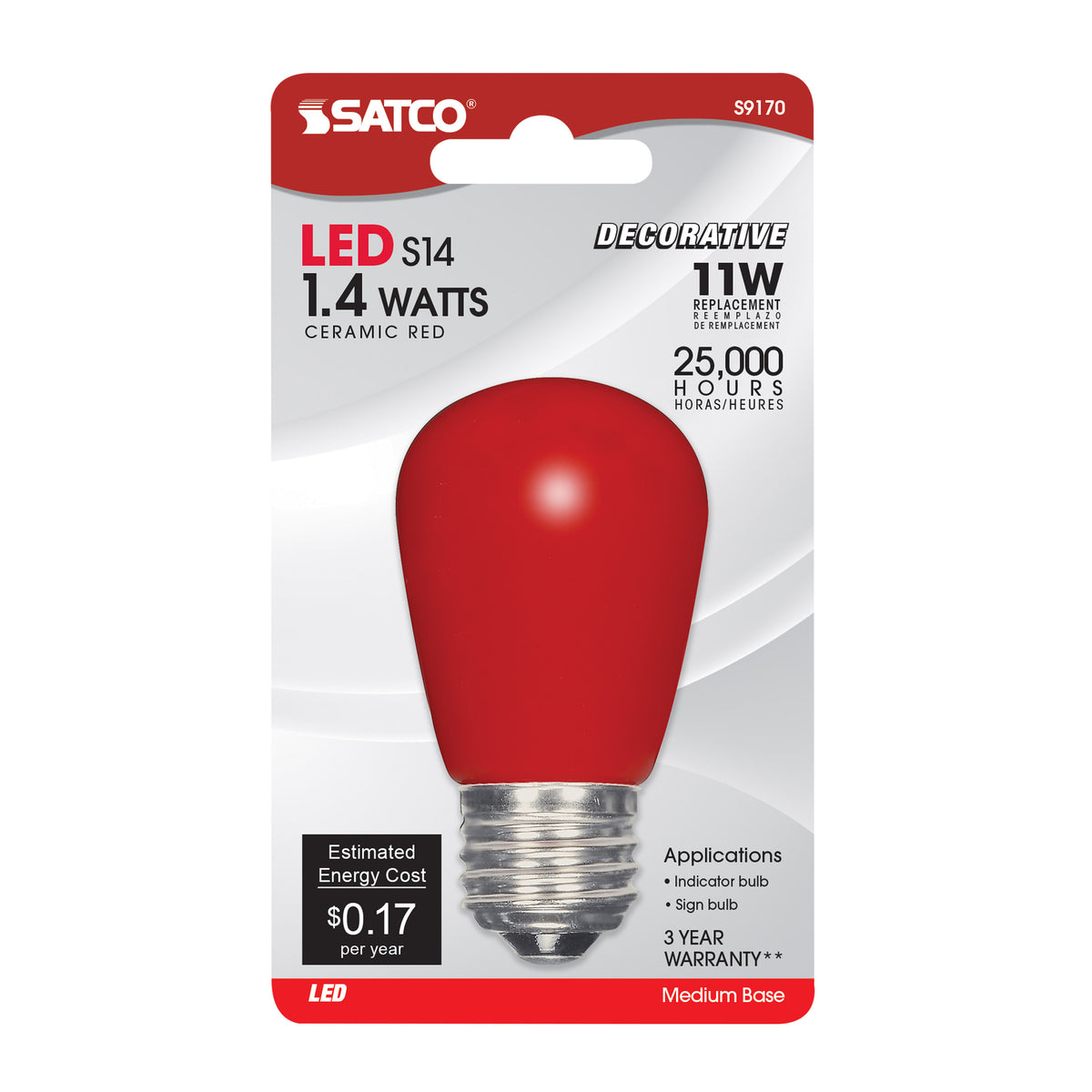 1.4 Watt LED - S14 - Ceramic Red - Medium base - 120 Volt - Carded
