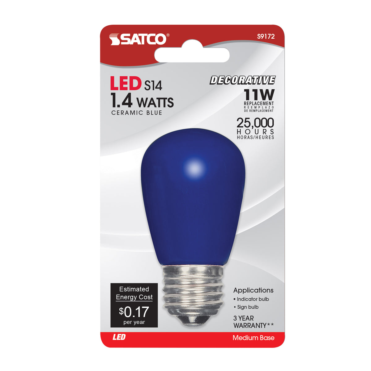 1.4 Watt LED - S14 - Ceramic Blue - Medium base - 120 Volt - Carded