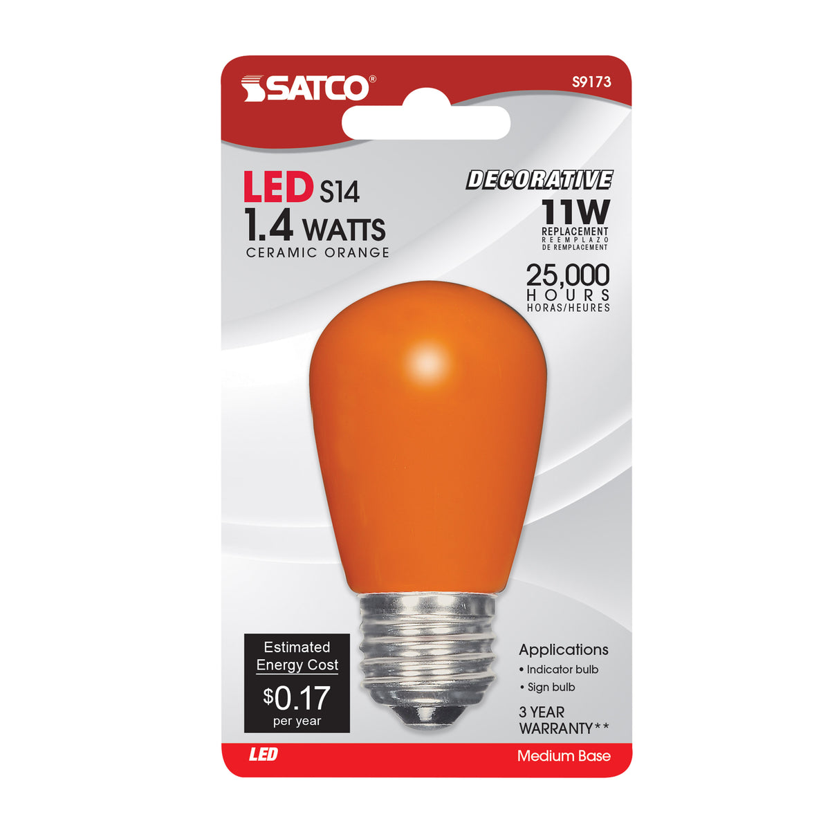 1.4 Watt LED - S14 - Ceramic Orange - Medium base - 120 Volt - Carded