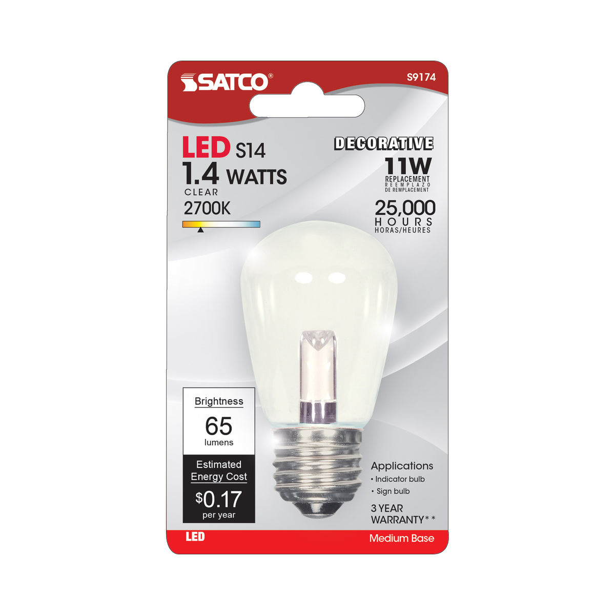 1.4 Watt LED - S14 - Clear - 2700K - Medium base - 120 Volt - Carded