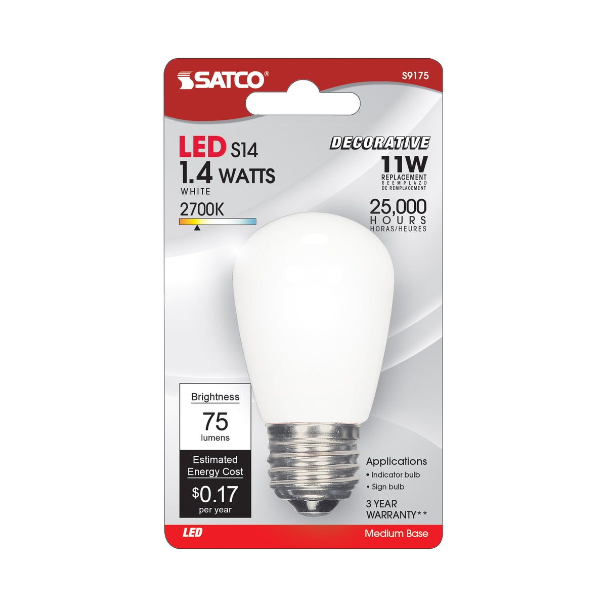 1.4 Watt LED - S14 - White - 2700K - Medium base - 120 Volt - Carded