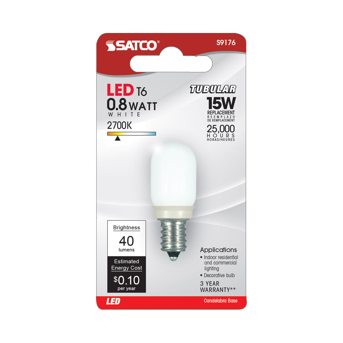 0.8 Watt LED - T6 - Frost - 2700K - Candelabra base - 120 Volt - Carded