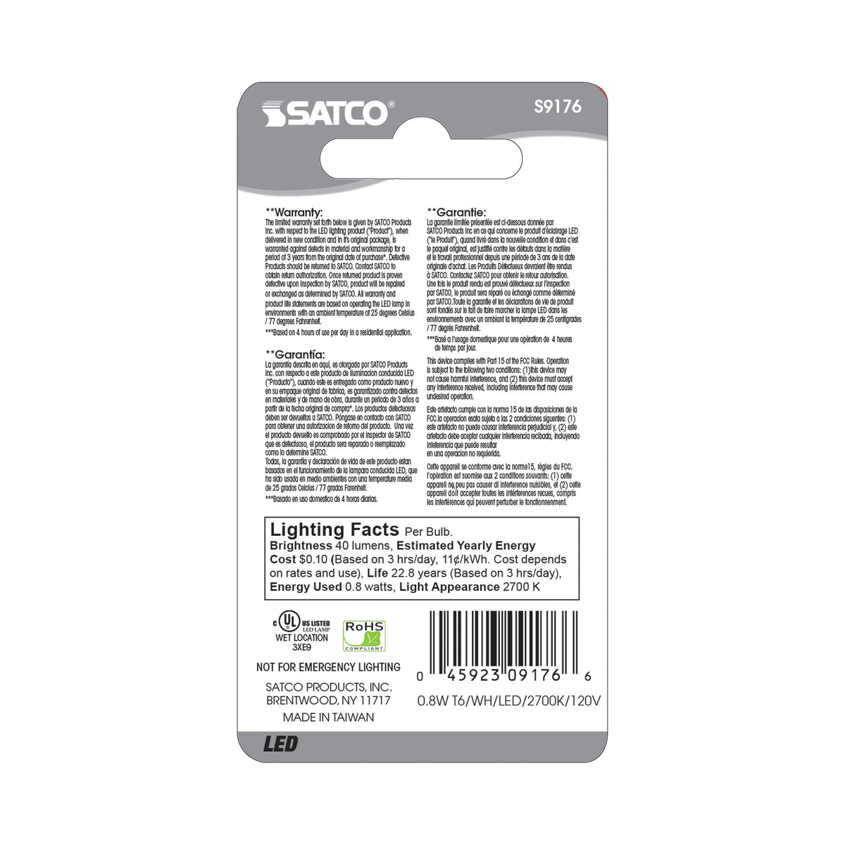 0.8 Watt LED - T6 - Frost - 2700K - Candelabra base - 120 Volt - Carded