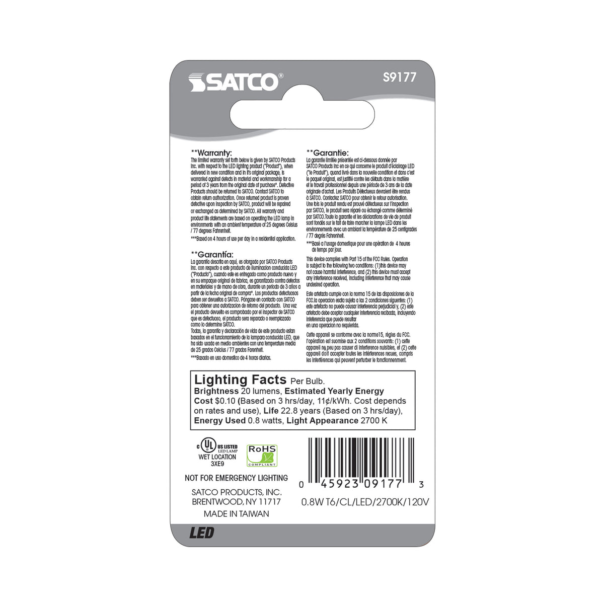 0.8 Watt LED - T6 - Clear - 2700K - Candelabra base - 120 Volt - Carded