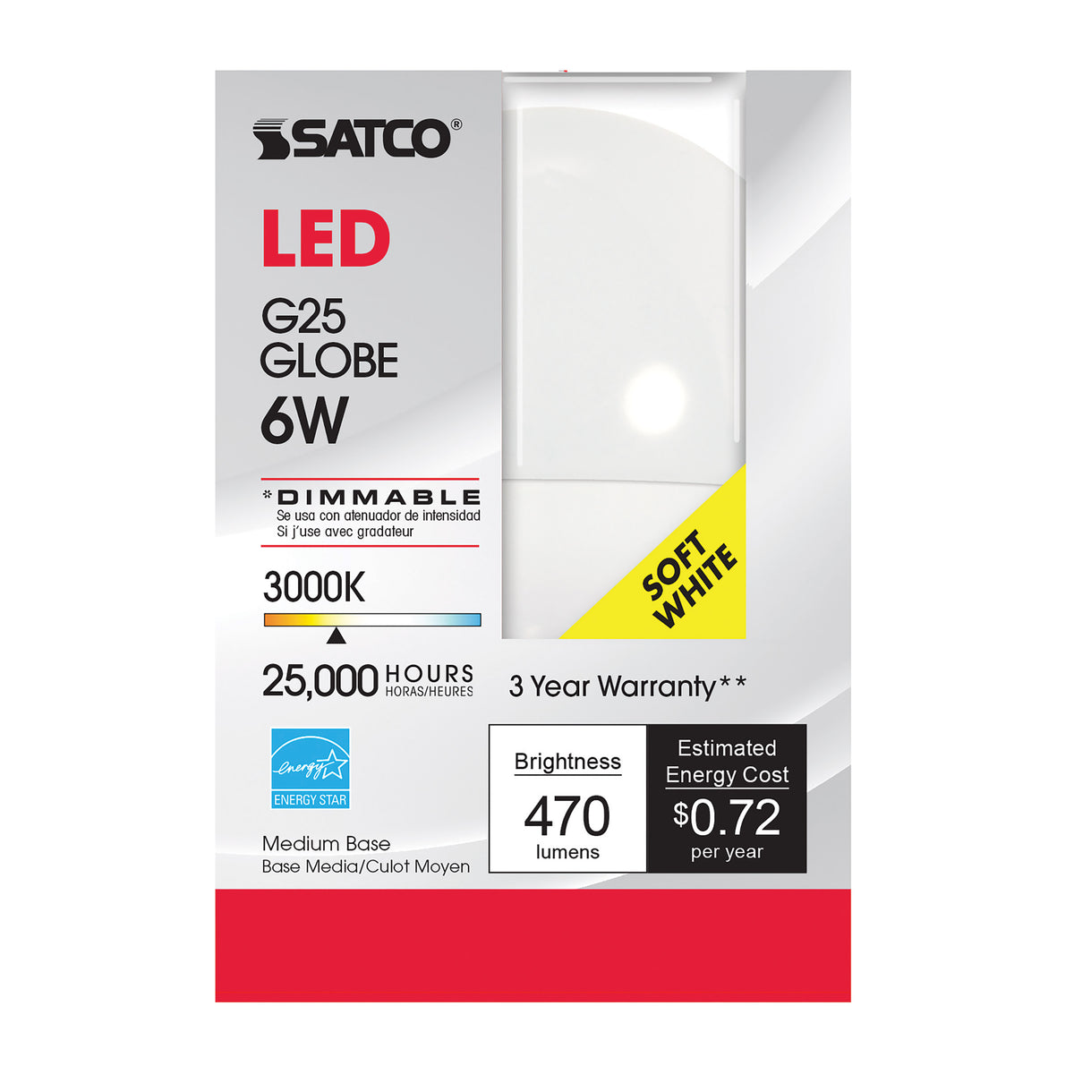 6 Watt - G25 Globe LED - 3000K - Medium base - 120 Volt