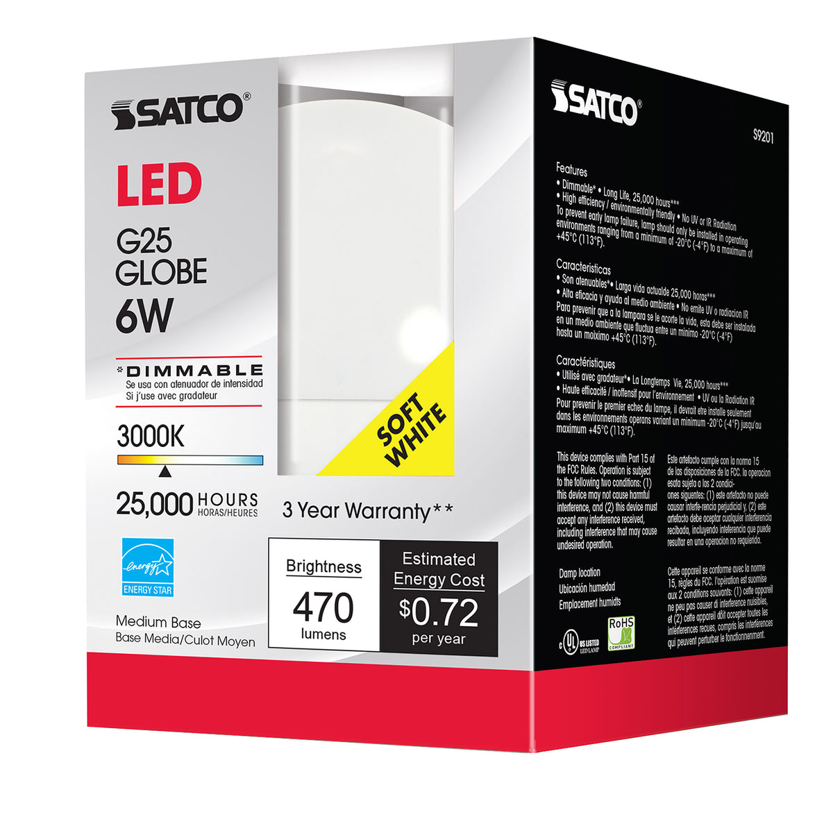 6 Watt - G25 Globe LED - 3000K - Medium base - 120 Volt