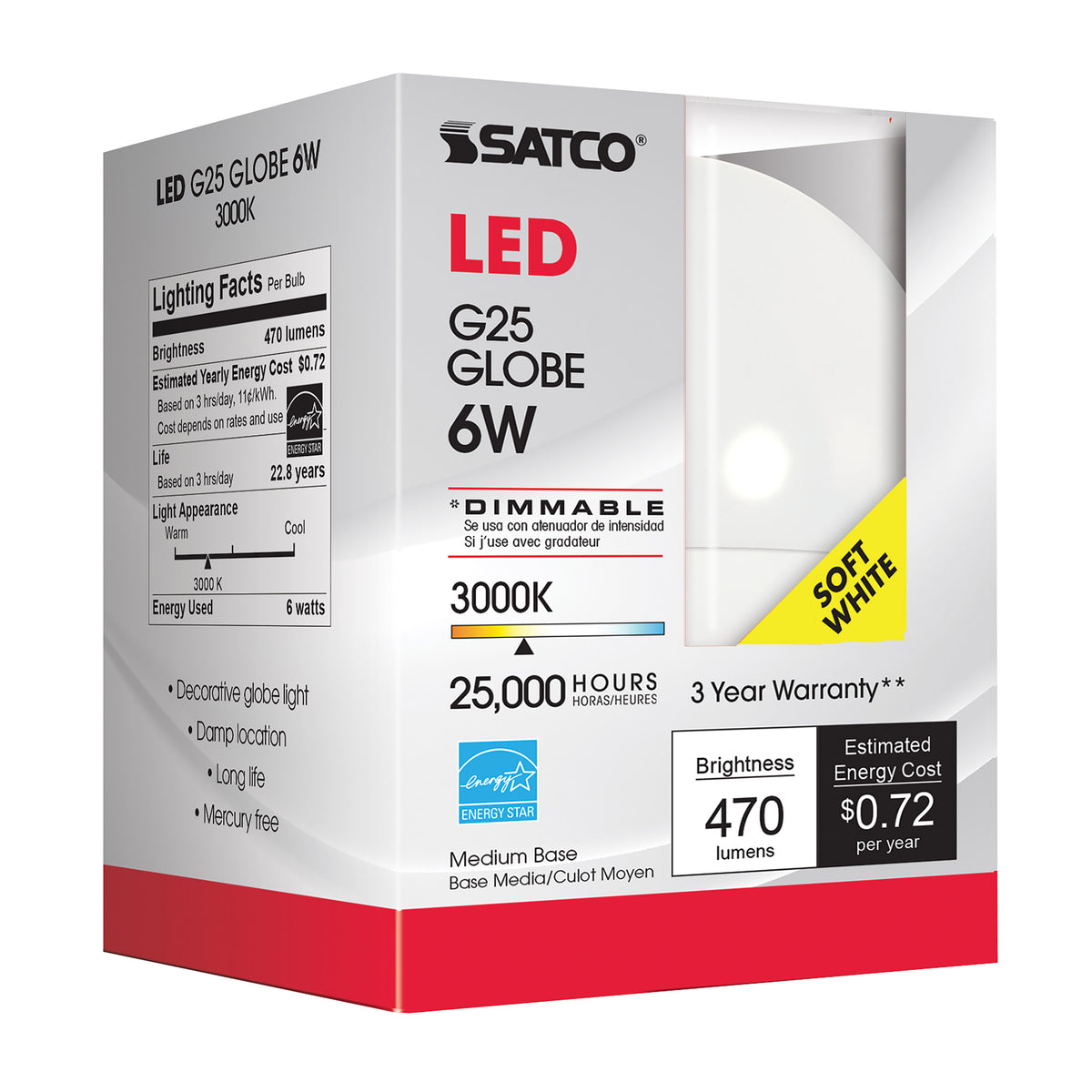 6 Watt - G25 Globe LED - 3000K - Medium base - 120 Volt