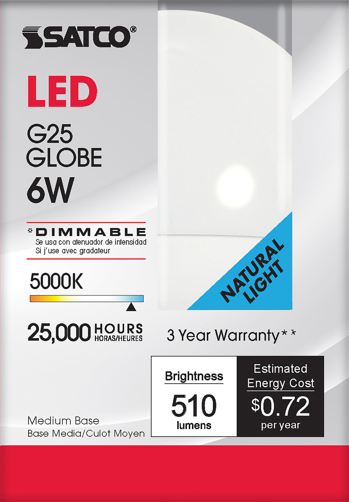6 Watt - G25 Globe LED - 5000K - Medium base - 120 Volt