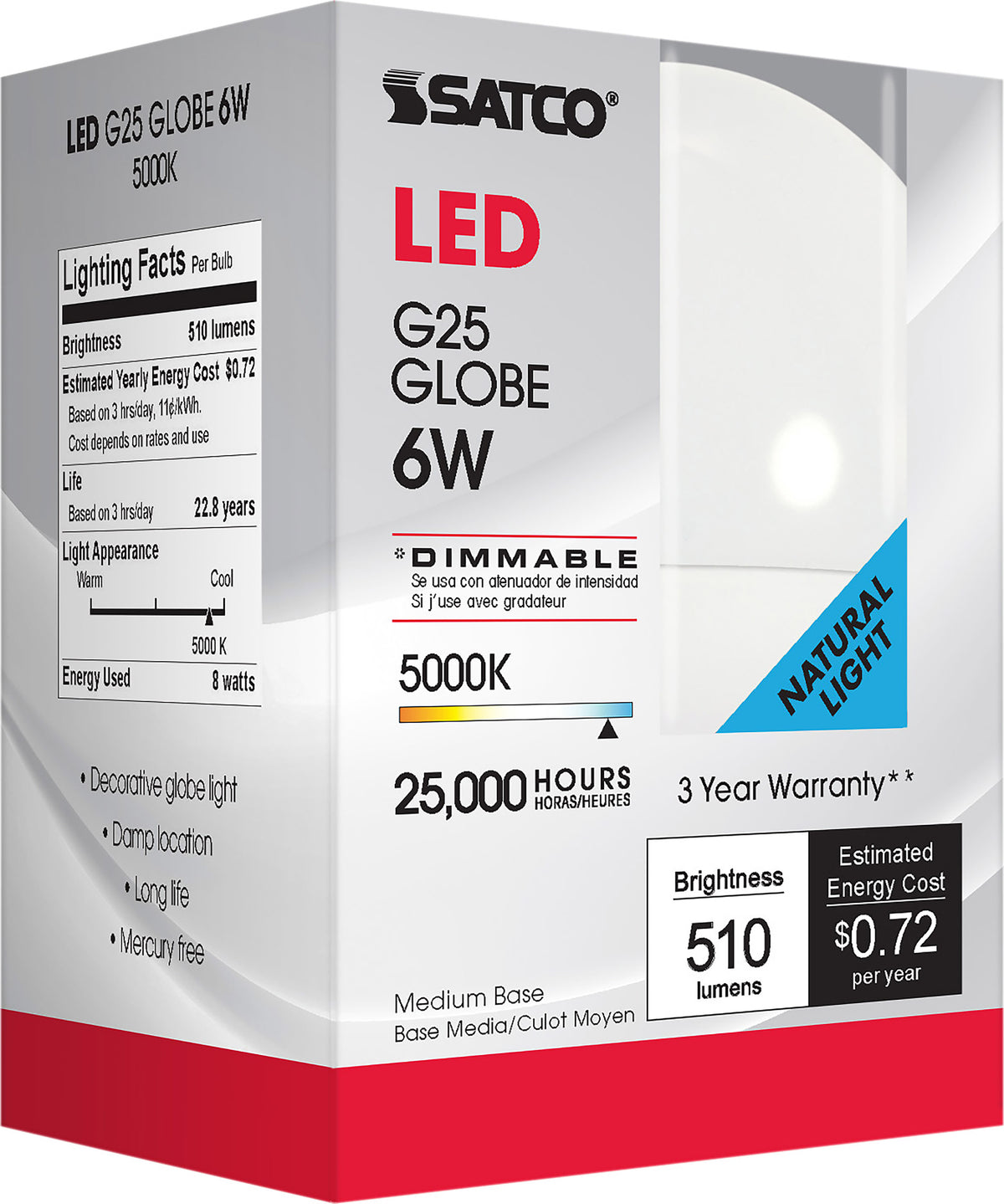 6 Watt - G25 Globe LED - 5000K - Medium base - 120 Volt