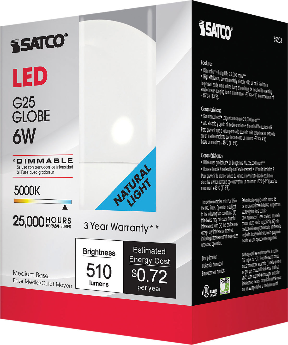 6 Watt - G25 Globe LED - 5000K - Medium base - 120 Volt