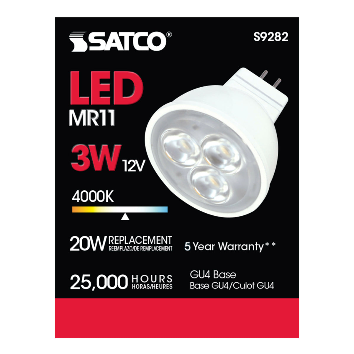 3W - LED - MR11 - 4000K - 25 deg. beam spread - 25000 Average rated hours - 210 Lumens - GU4 base - 12 Volt AC/DC