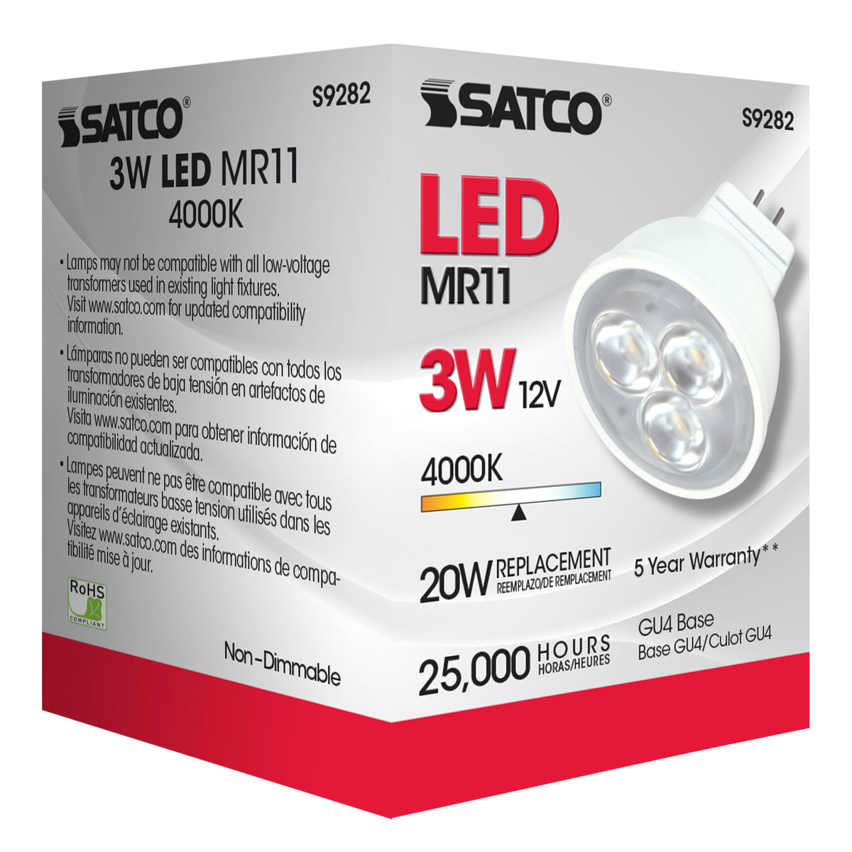 3W - LED - MR11 - 4000K - 25 deg. beam spread - 25000 Average rated hours - 210 Lumens - GU4 base - 12 Volt AC/DC
