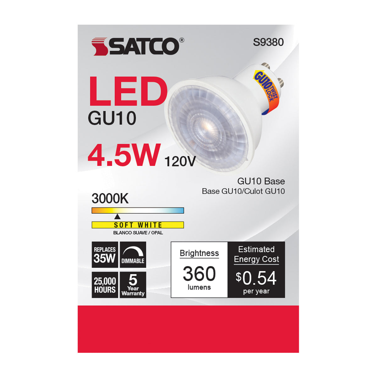 4.5 Watt - LED MR16 - 3000K - 40 deg. Beam Angle - GU10 base - 120 Volt
