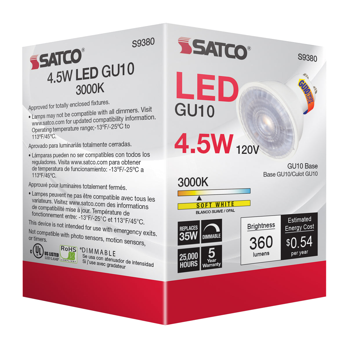 4.5 Watt - LED MR16 - 3000K - 40 deg. Beam Angle - GU10 base - 120 Volt