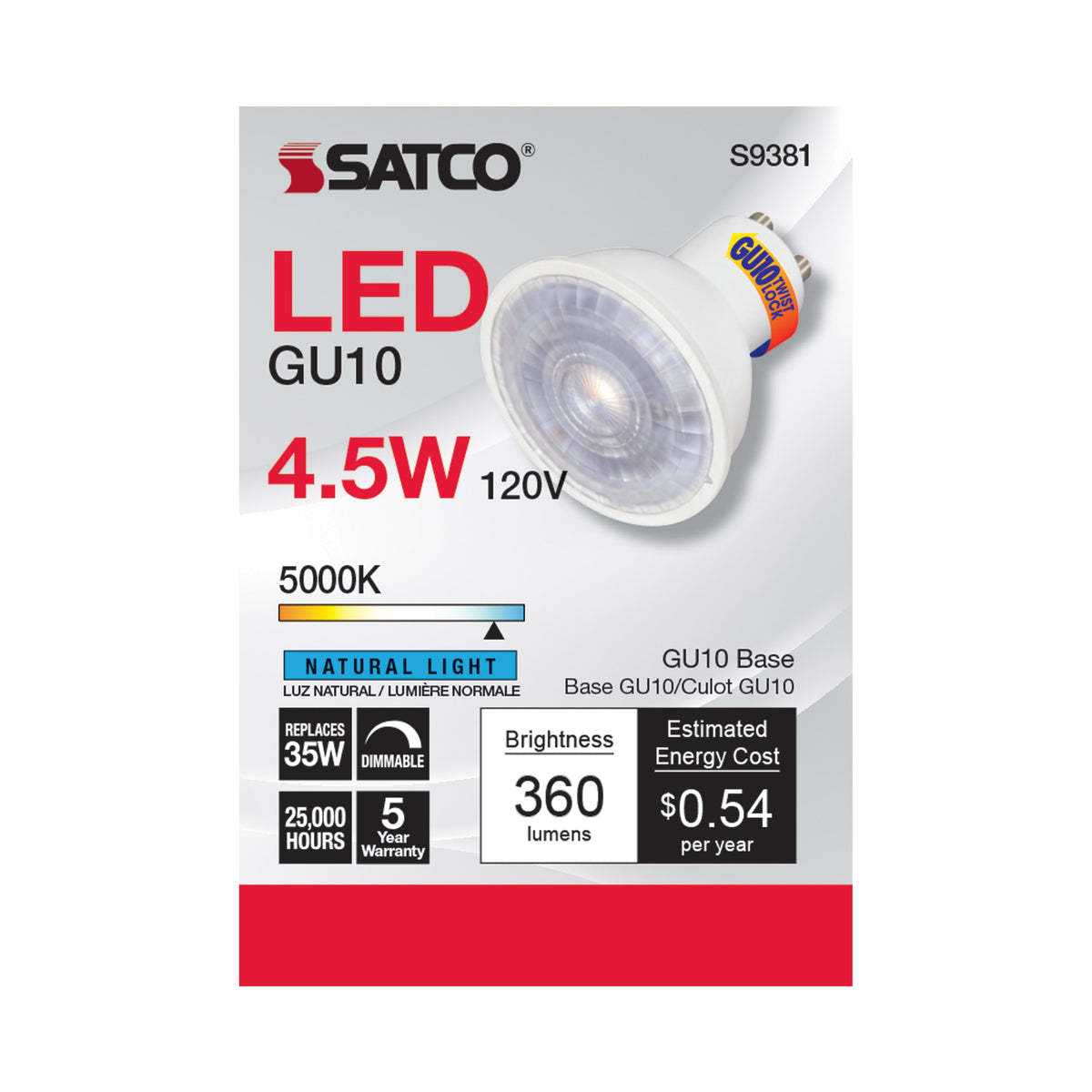 4.5 Watt - LED MR16 - 5000K - 40 deg. Beam Angle - GU10 base - 120 Volt