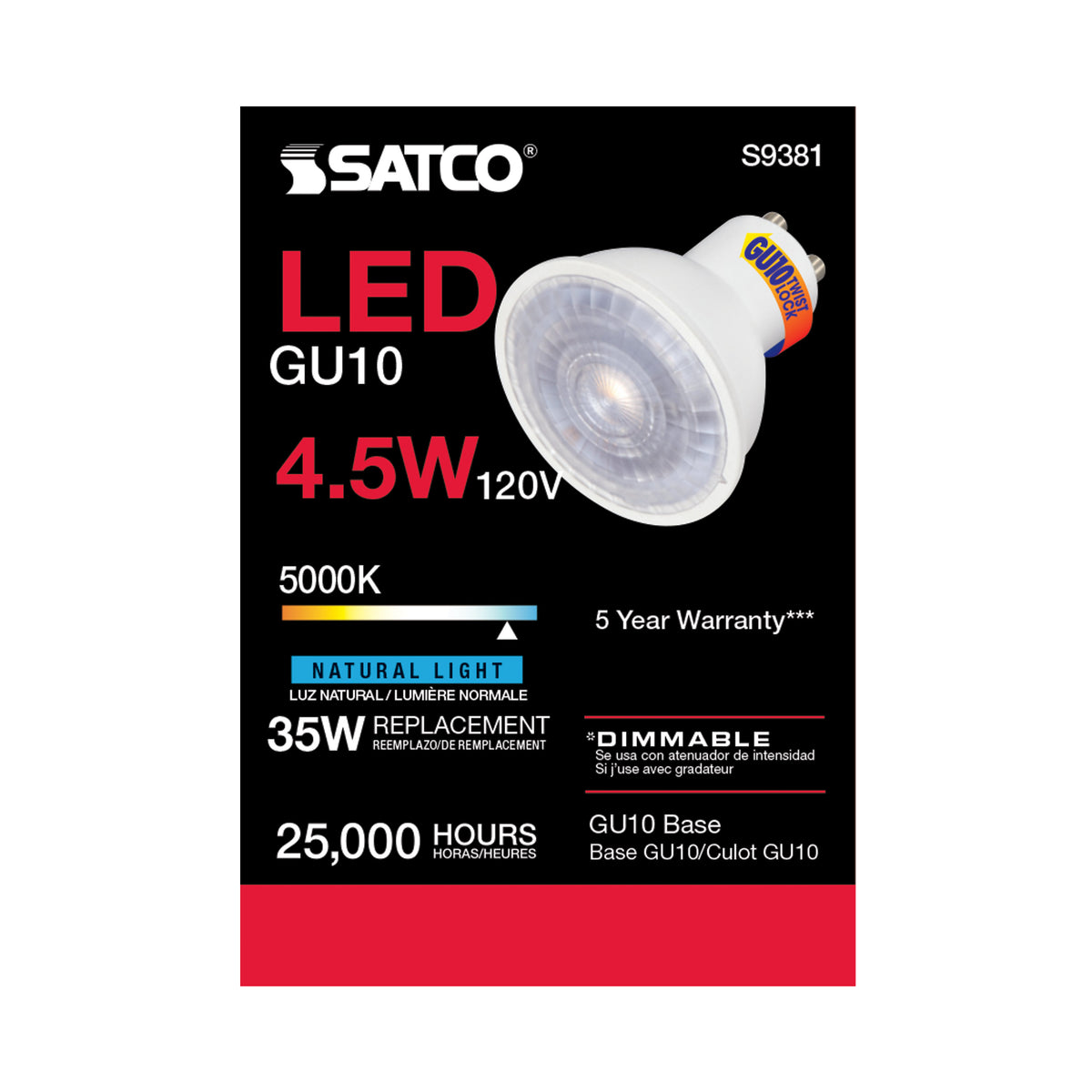 4.5 Watt - LED MR16 - 5000K - 40 deg. Beam Angle - GU10 base - 120 Volt
