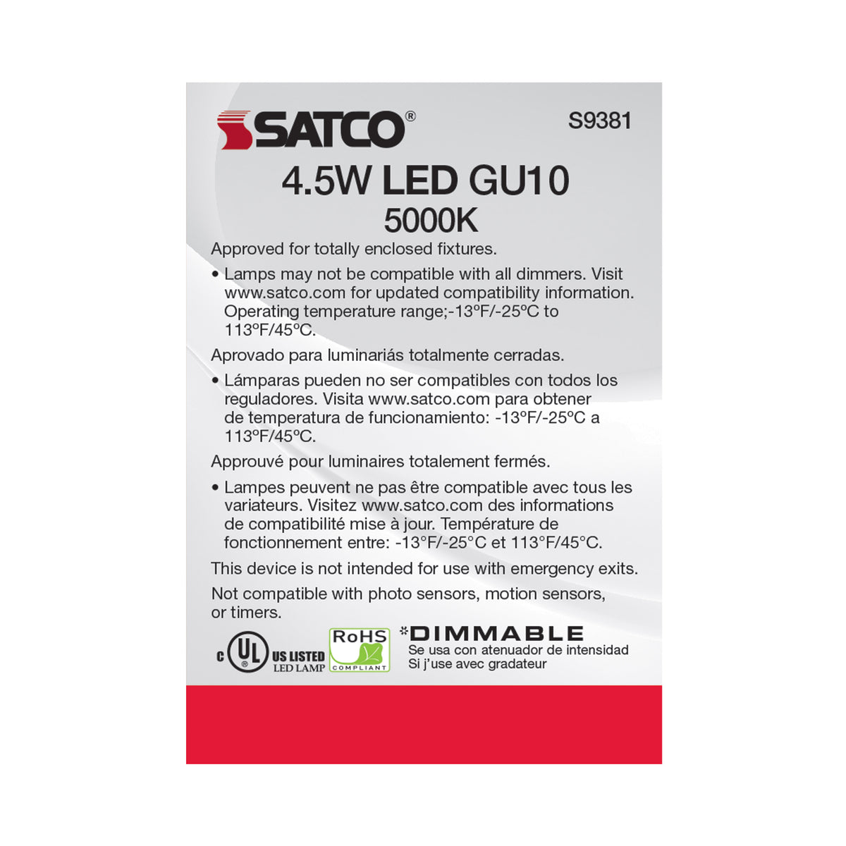 4.5 Watt - LED MR16 - 5000K - 40 deg. Beam Angle - GU10 base - 120 Volt